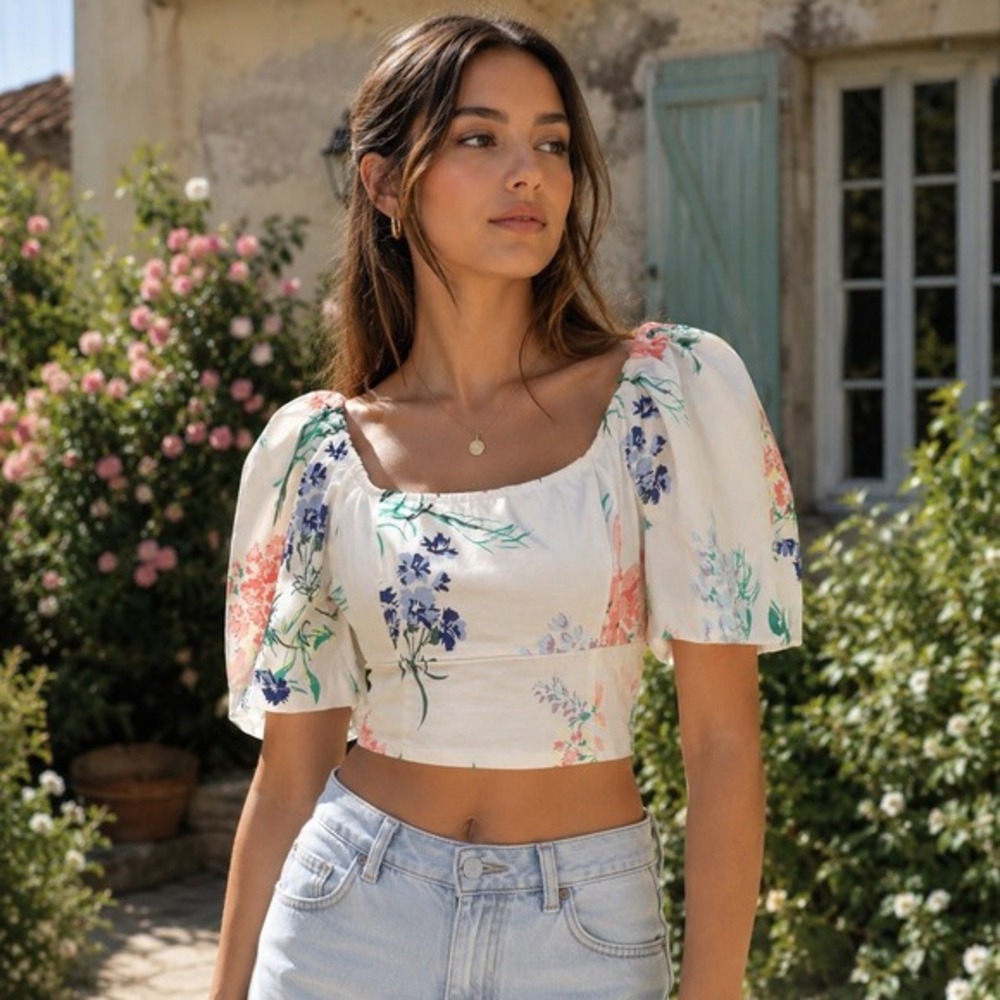 Urban Outfitters Puff Sleeve Smocked Floral Crop Top L Cottage Garden Milkmaid
